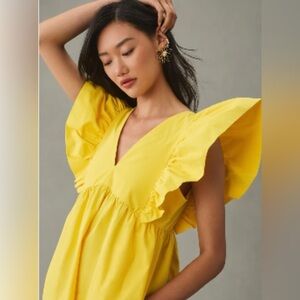 Maeve Anthropologie Yellow Ruffled Flutter Sleeve Babydoll Tunic / Mini Dress
